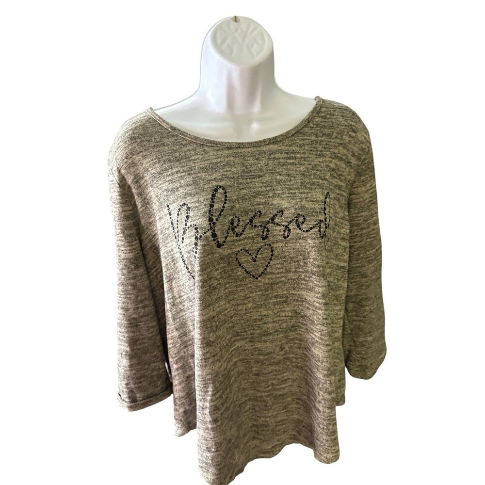 SJS Women's 1X Plus Size Blessed Rhinestone Sharkbite Hem 3/4 Sleeve Tunic